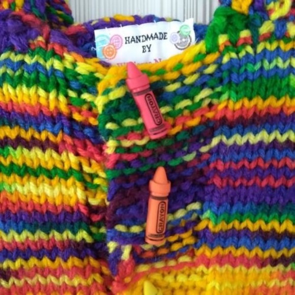 Handmade Knitted Colorful Sweater Cardigan Hoodie Crayon Buttons Hooded 12" P2P - Picture 9 of 10